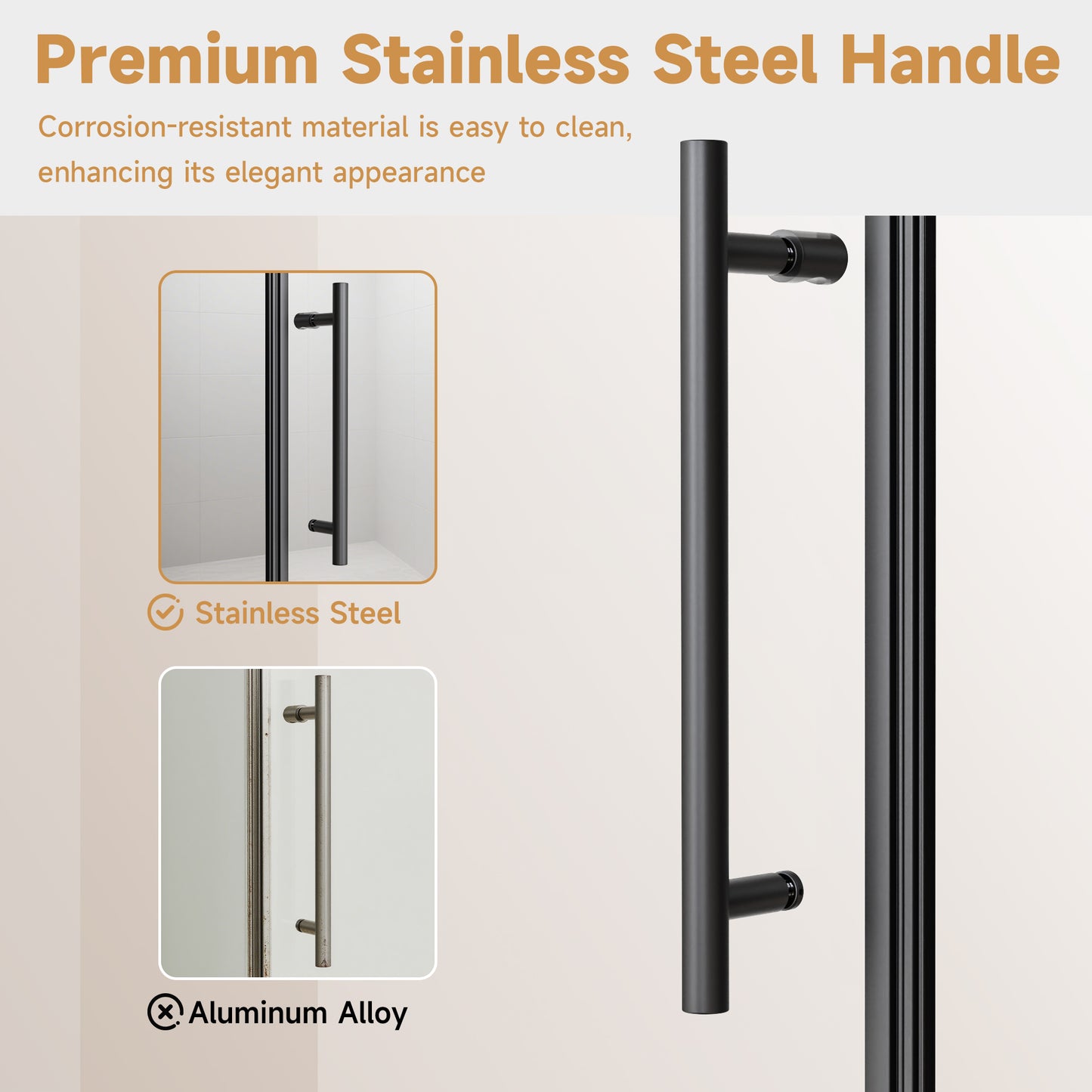 68-72" W * 76" H Stainless Steel Round Tube Frameless Single Sliding Shower Door, 3/8"-thick (10mm) SGCC Clear Tempered Glass Door, Reversible Installation, Matte Black image 6