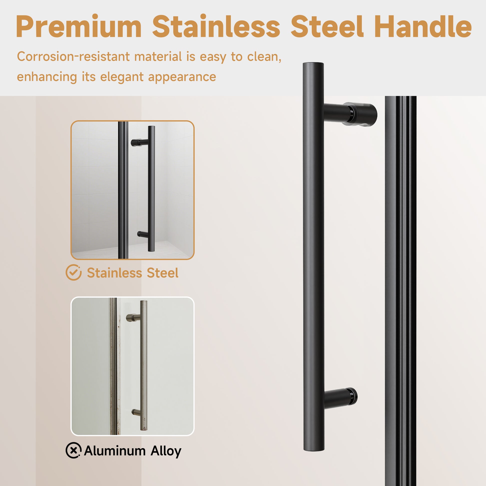 68-72" W * 76" H Stainless Steel Round Tube Frameless Single Sliding Shower Door, 3/8"-thick (10mm) SGCC Clear Tempered Glass Door, Reversible Installation, Matte Black image 6