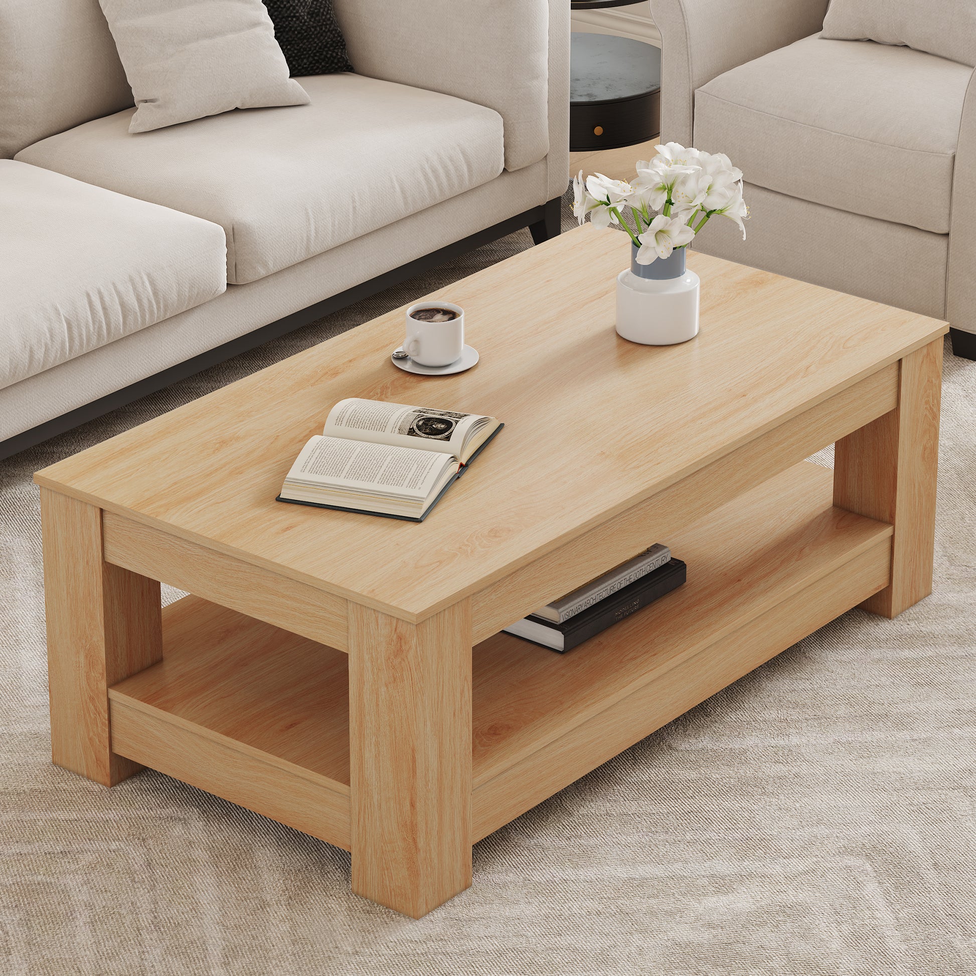 A modern and practical Natural Wood coffee table. The double layered coffee table is made of MDF material. Suitable for living room, bedroom, and study image 2