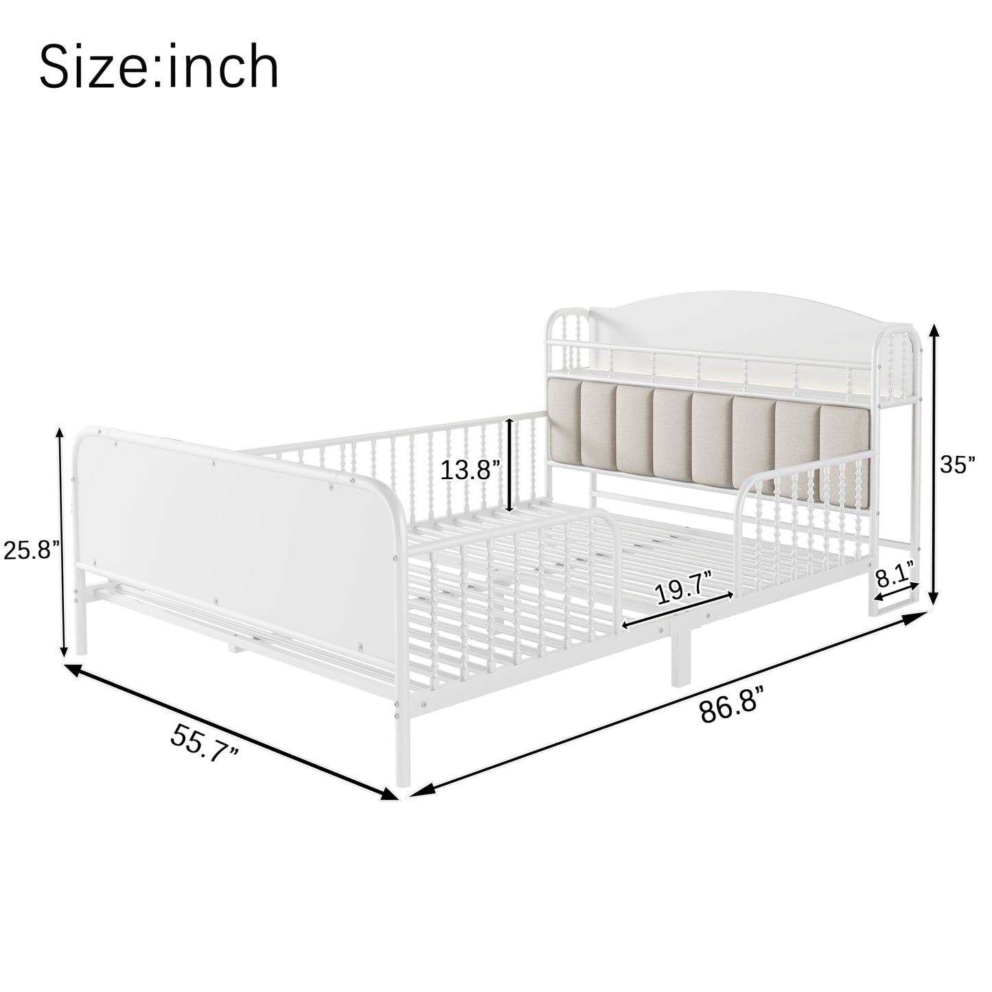 Full Size Metal Platform Bed Frame with Light, Kids Full Metal Bed with Upholstered and Storage Headboard, White (Expect Arrival Date 2025/10/5) image 12