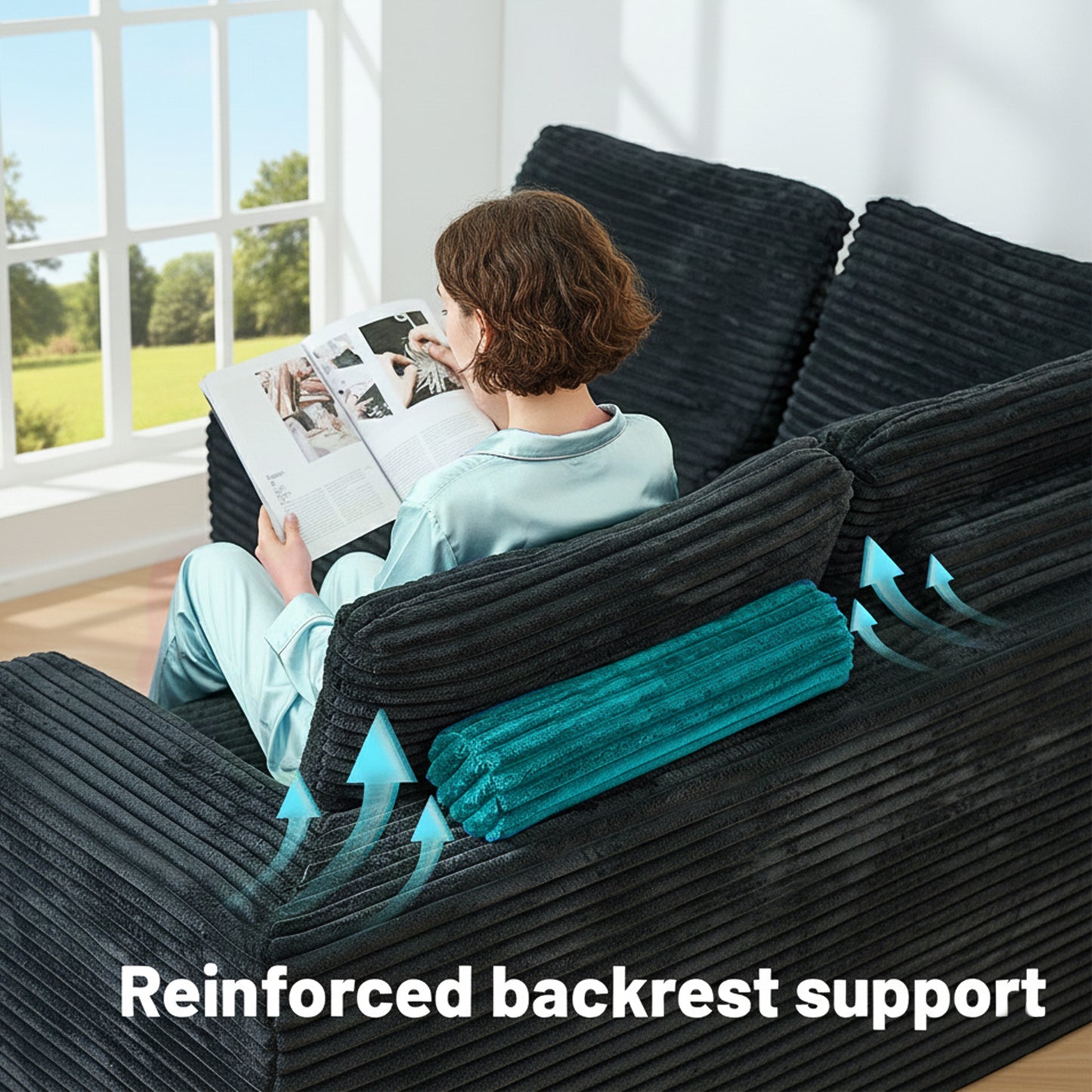 135.5-inch Modular U-Shaped Sectional Sofa, 6-Seater Chaise Lounge with Reversible Design, Striped Corduroy Fabric in Black–Customizable Living Room, Freely Configurable Layout.(Old Sku:W3276S00018) image 10