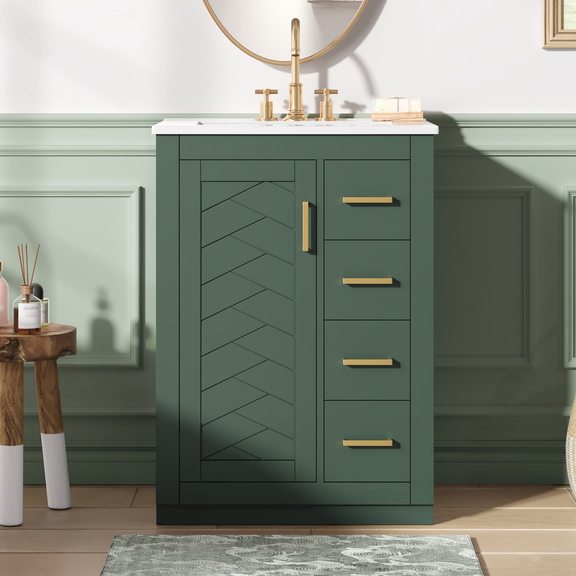 24" Bathroom Vanity with Integrated Ceramic Sink, Bathroom Cabinet with 1 Door, 3 Drawers, Single Sink Bathroom Vanity for Small and Medium Restroom, Green image 1