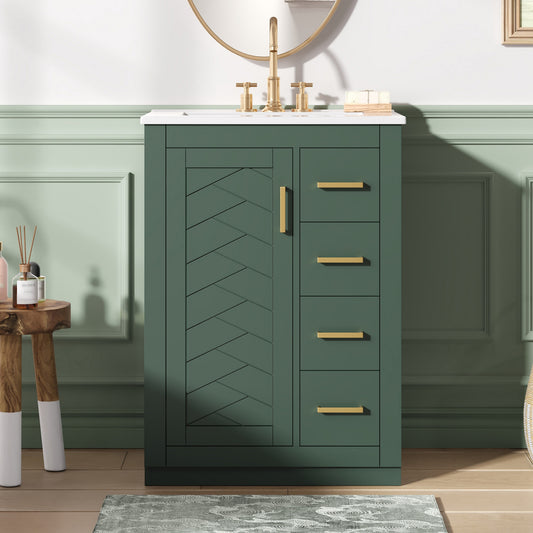 24-inch green bathroom vanity with integrated ceramic sink and gold hardware - front view