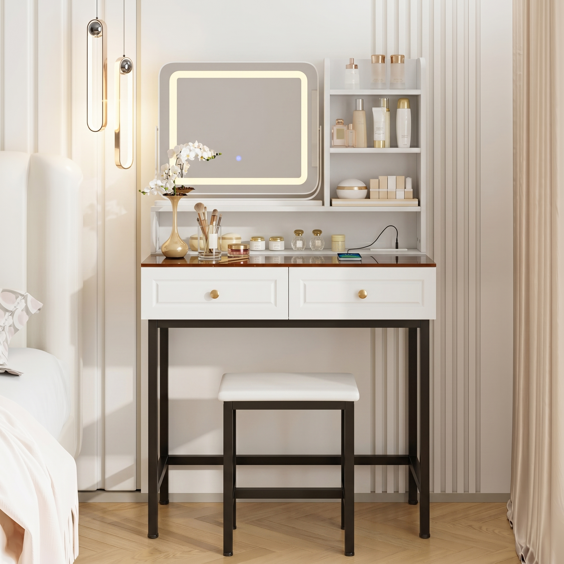 Makeup Vanity with LED Lighted Mirror, 360° Rotatable Mirror, Vanity Desk with 2 Drawers,Power Outlet and 3-Tier Shelves, Amber Glass Table Top, Dressing Table with Sturdy Metal Leg and Stool, White image 1