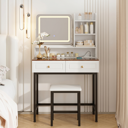 Makeup Vanity with LED Lighted Mirror, 360° Rotatable Mirror, Vanity Desk with 2 Drawers,Power Outlet and 3-Tier Shelves, Amber Glass Table Top, Dressing Table with Sturdy Metal Leg and Stool, White image 1