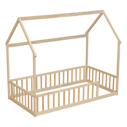 Twin Size House Floor Bed with Roof Frame,Pine Wood Floor Bed with Safety Guardrails,Natural image 7