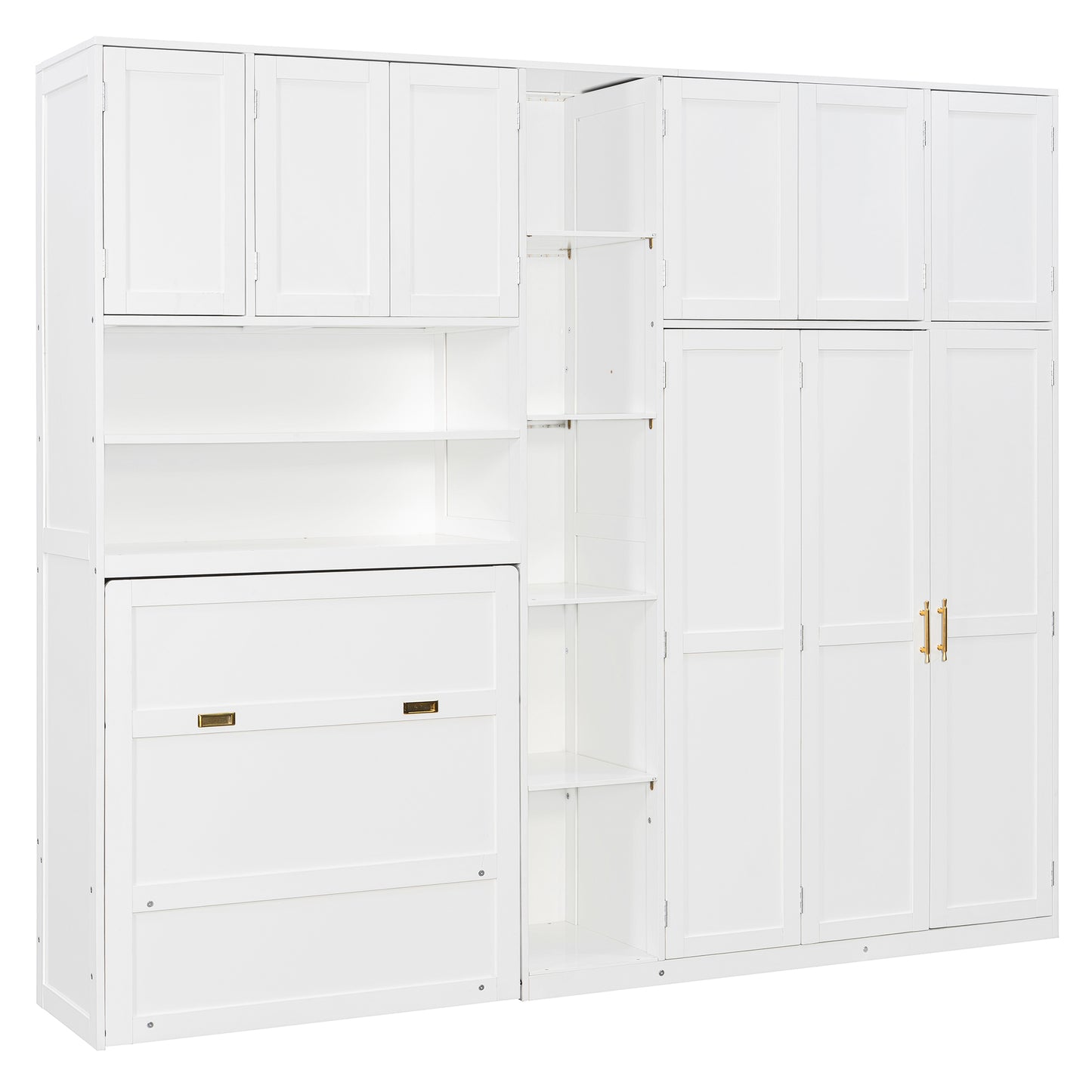 Twin Size Murphy Cabinet Bed with Wardrobe & Storage Shelves, 5-Tier LED Display Shelves, Overhead Cabinets, White image 5
