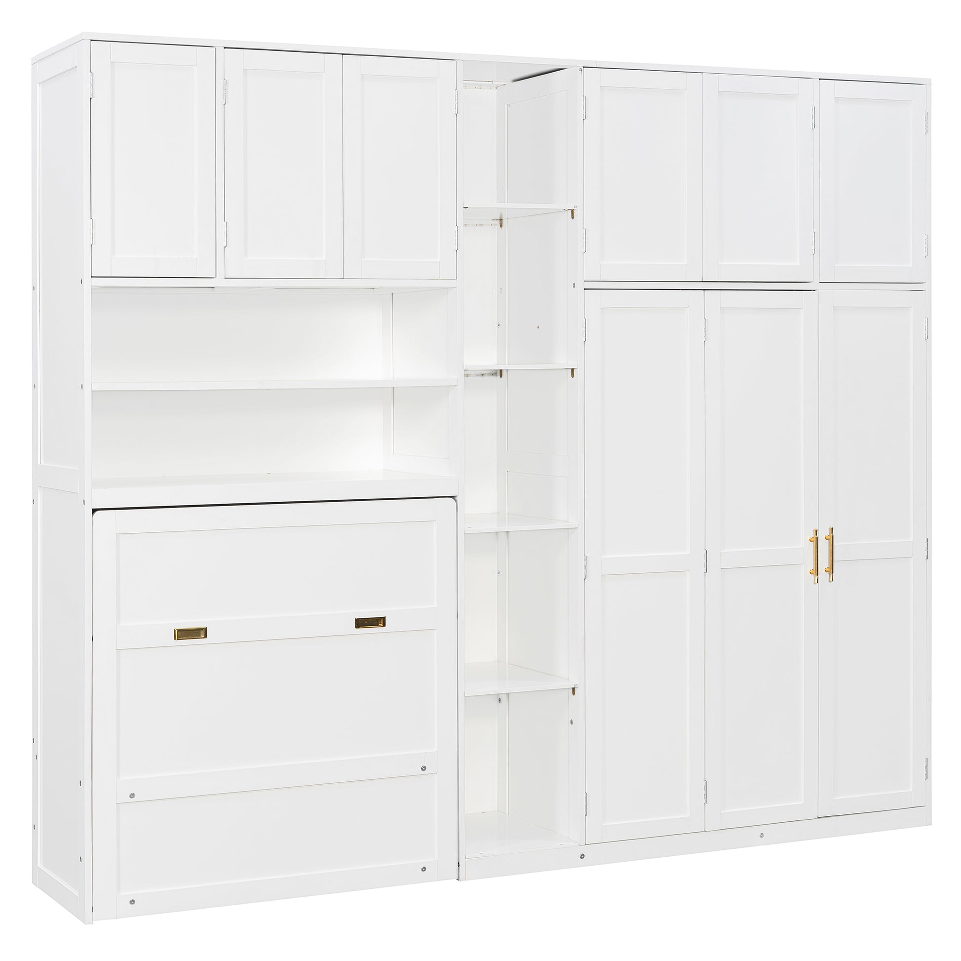 Twin Size Murphy Cabinet Bed with Wardrobe & Storage Shelves, 5-Tier LED Display Shelves, Overhead Cabinets, White image 5