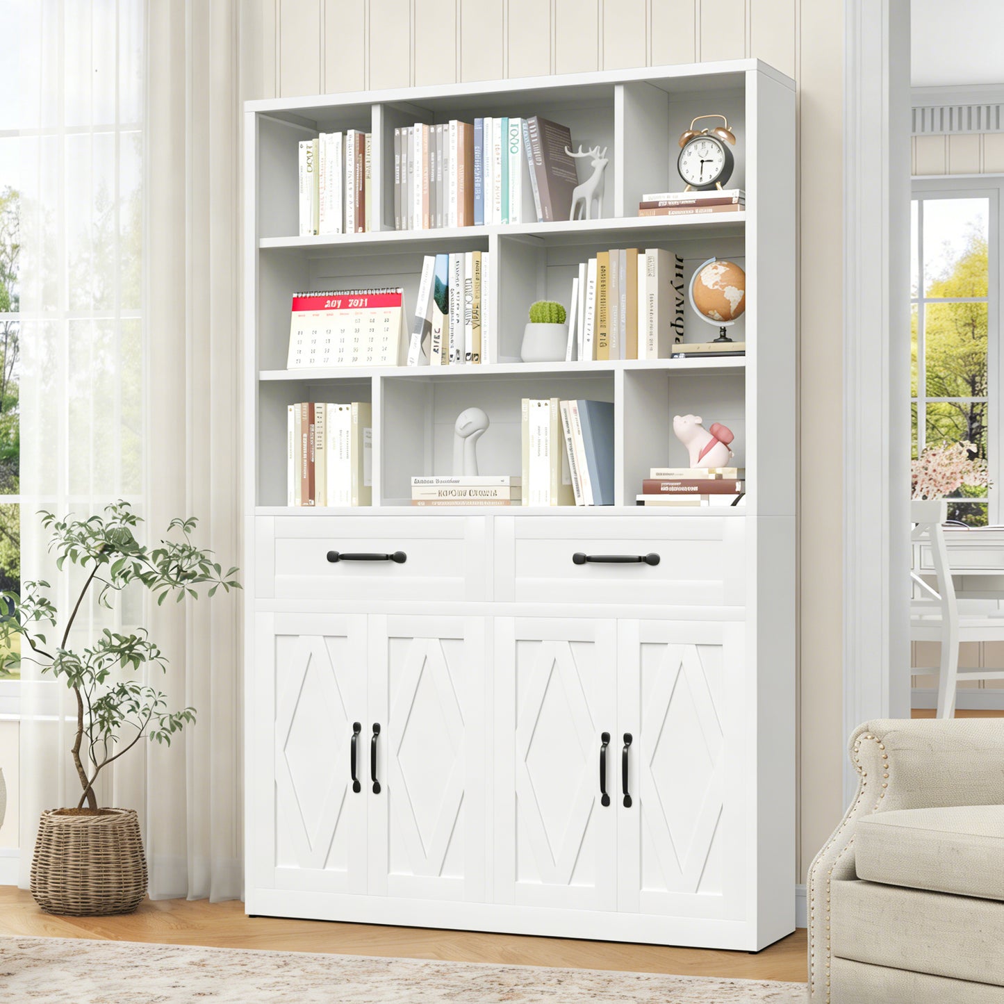 71" H Metal Bookcase with 2 Doors & 2 Drawers, Tall Storage Cabinet with Fixed Open Shelves for Home Office, Living Room, Modern Bookshelf, White image 1
