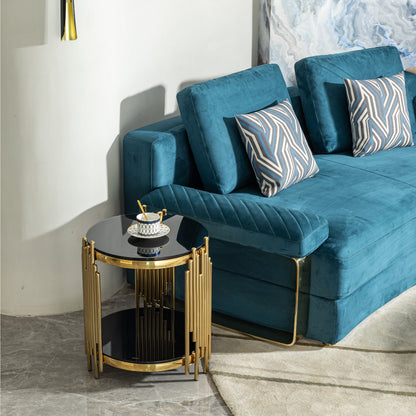 Luxury Round End Table with 2-Tier Black Tempered Glass Top and Gold Stainless Steel Frame, Modern Side Table for Living Room, Bedroom, Office, or Café image 3