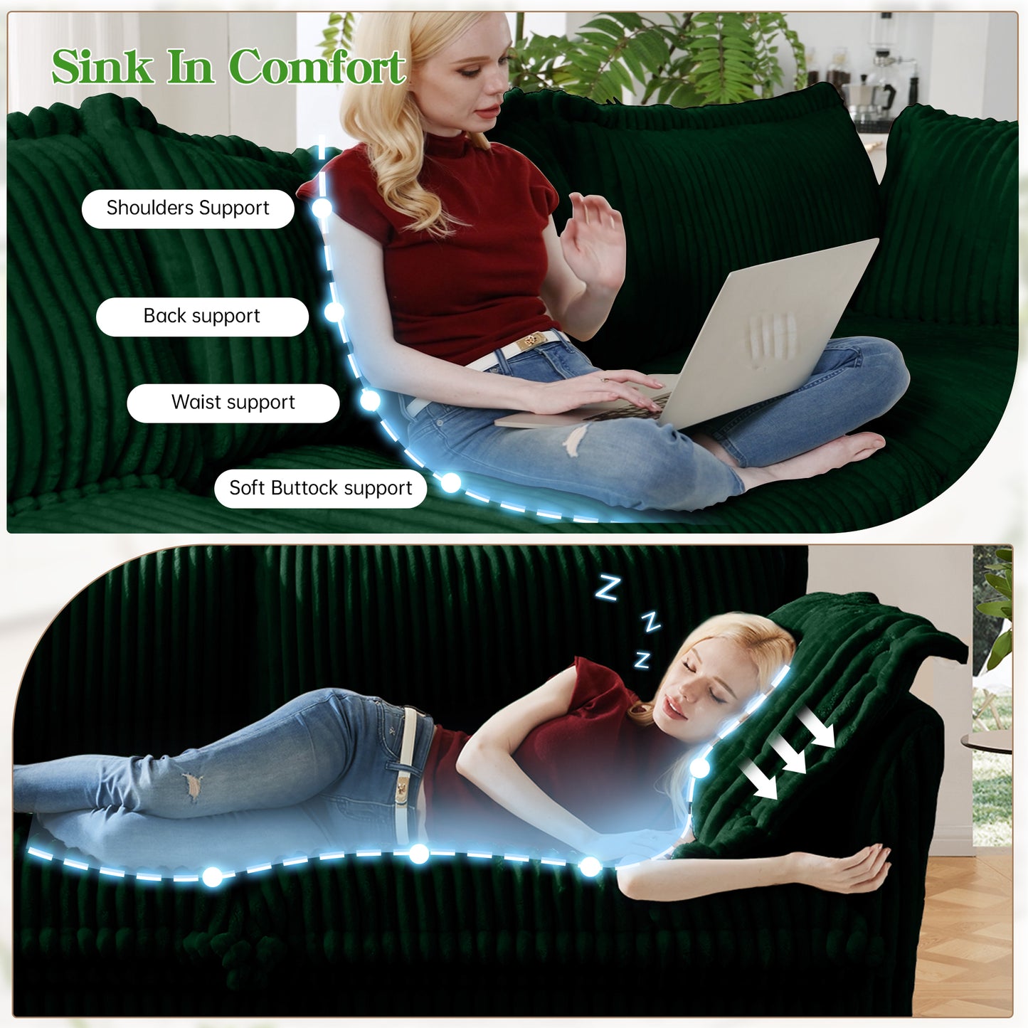Slipcovered Sofa 2 Seater Sofa With 2 Ottomans, 2 Seater Sleeper Sofa Bed Home Theater Oversized Sofa For Living Room, Corduroy, Green image 10