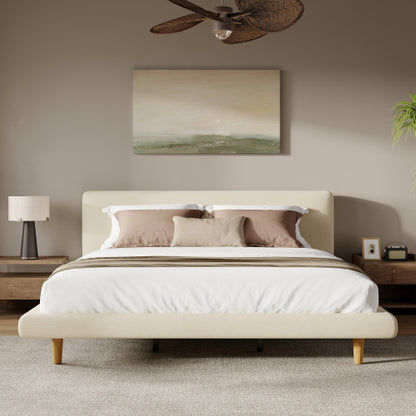 Beige Chunky Headboard Bed Frame, Solid Rubberwood Legs, Cal-King, 800lbs Capacity image 2