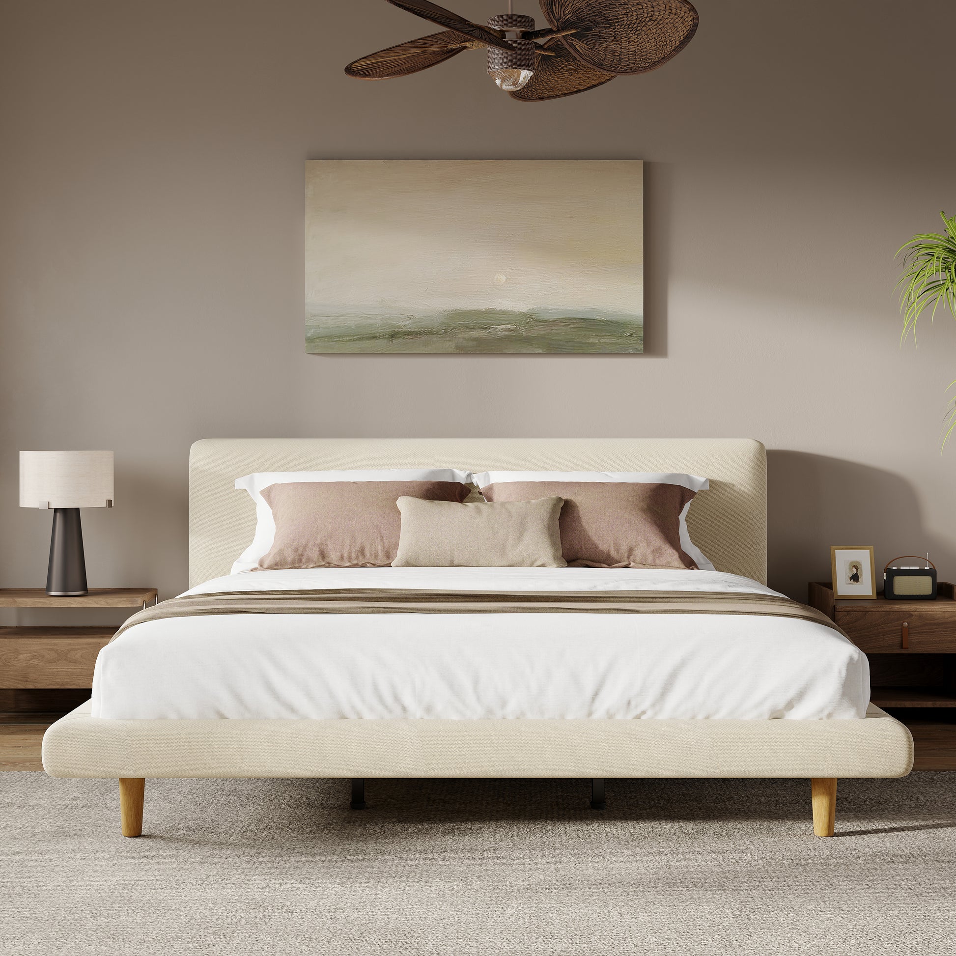 Beige Chunky Headboard Bed Frame, Solid Rubberwood Legs, King, 800lbs Capacity image 12