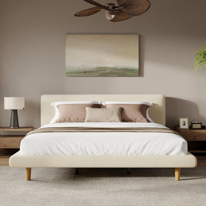 Beige Chunky Headboard Bed Frame, Solid Rubberwood Legs, King, 800lbs Capacity image 12