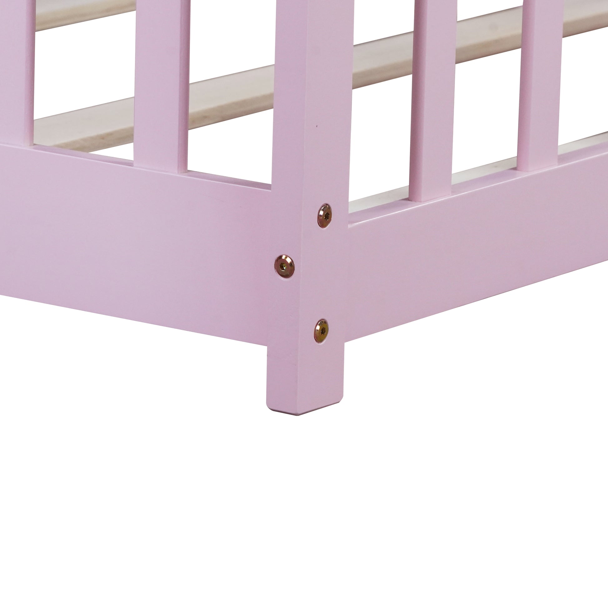 Twin Size Floor Bed with Fence without Door, Rubber Wood Floor Bed with Safety Guardrails,Pink (Old Sku W504P296798) image 7
