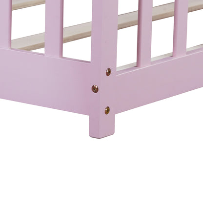 Twin Size Floor Bed with Fence without Door, Rubber Wood Floor Bed with Safety Guardrails,Pink (Old Sku W504P296798) image 7