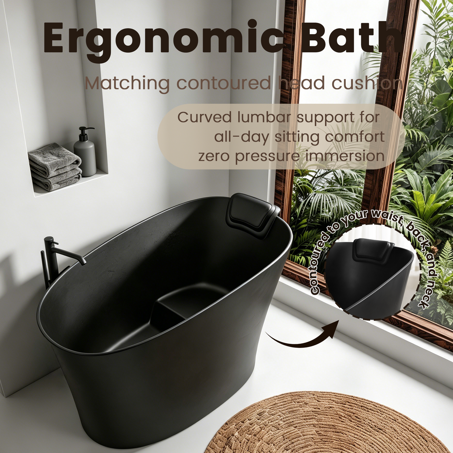 51" Solid Surface Oval Freestanding Black Bathtub with Overflow and Drain Assembly, with Integral Seat and headrest, LTL image 5