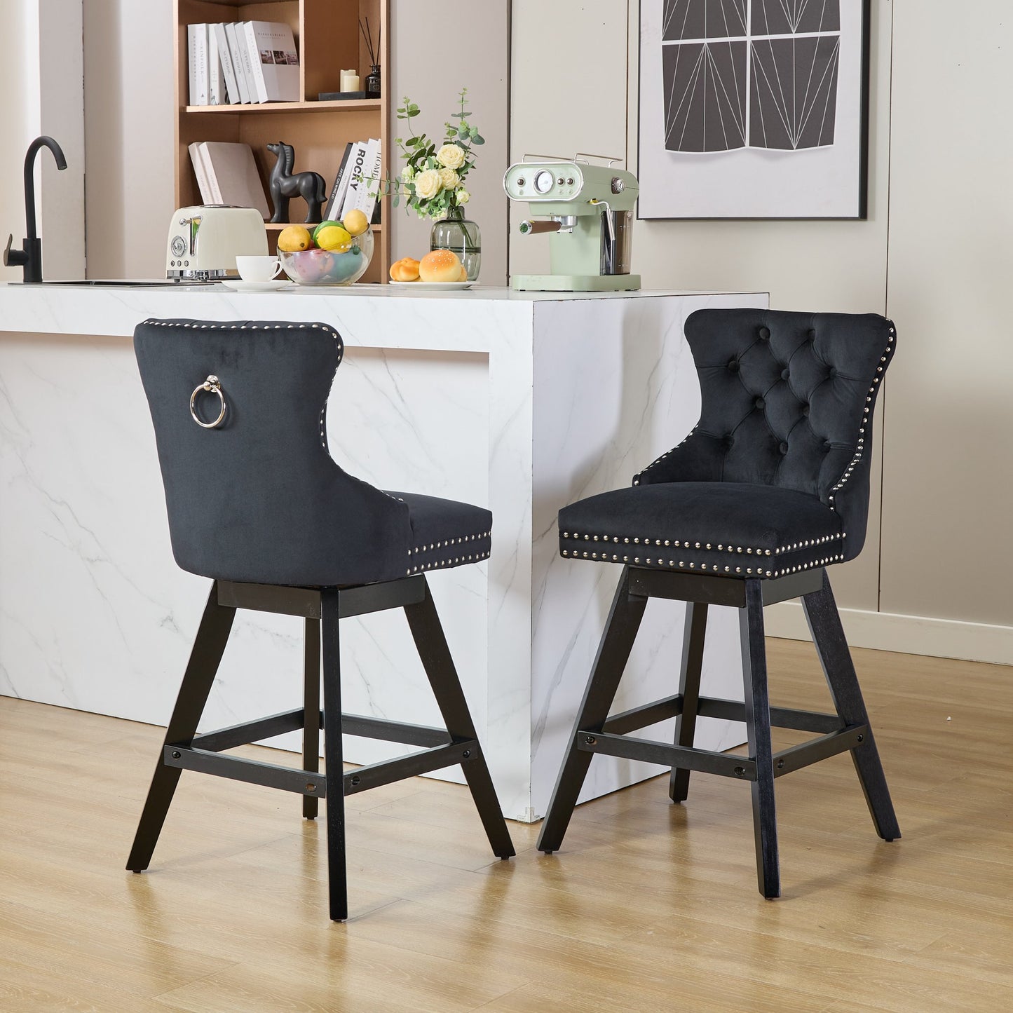 Swivel Velvet Barstools with Button Tufted Decoration and Wooden Legs, and Chrome Nailhead Trim, Leisure Style Bar Chairs,Bar stools, Set of 2 (Black),SW1860BK image 1