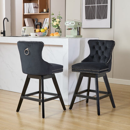 Swivel Velvet Barstools with Button Tufted Decoration and Wooden Legs, and Chrome Nailhead Trim, Leisure Style Bar Chairs,Bar stools, Set of 2 (Black),SW1860BK image 1