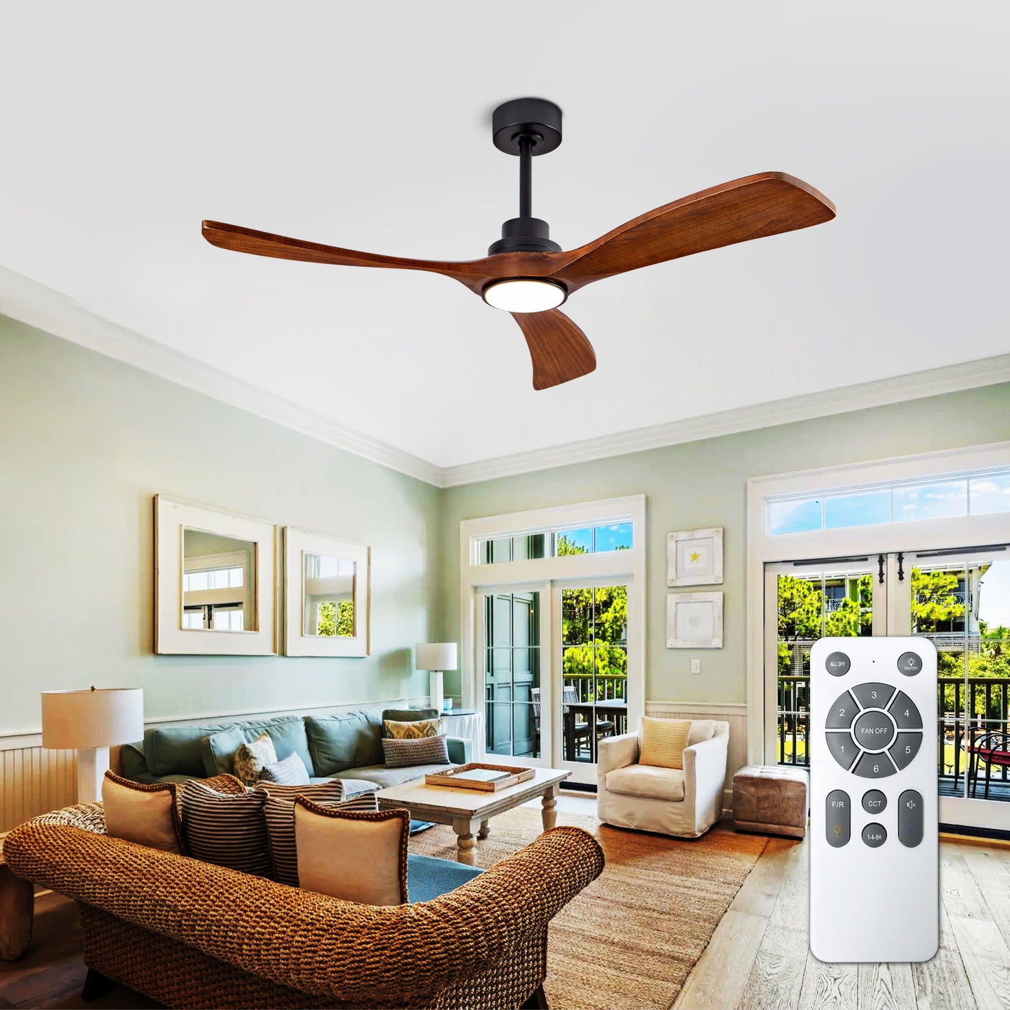 52" indoor Ceiling Fan with Light,3 Walnut Solid Wood Blade, Remote Control,3 CCT Dimmable LED, Timer, 6-Speed Reversible Motor Use for Living Room or Patio image 1