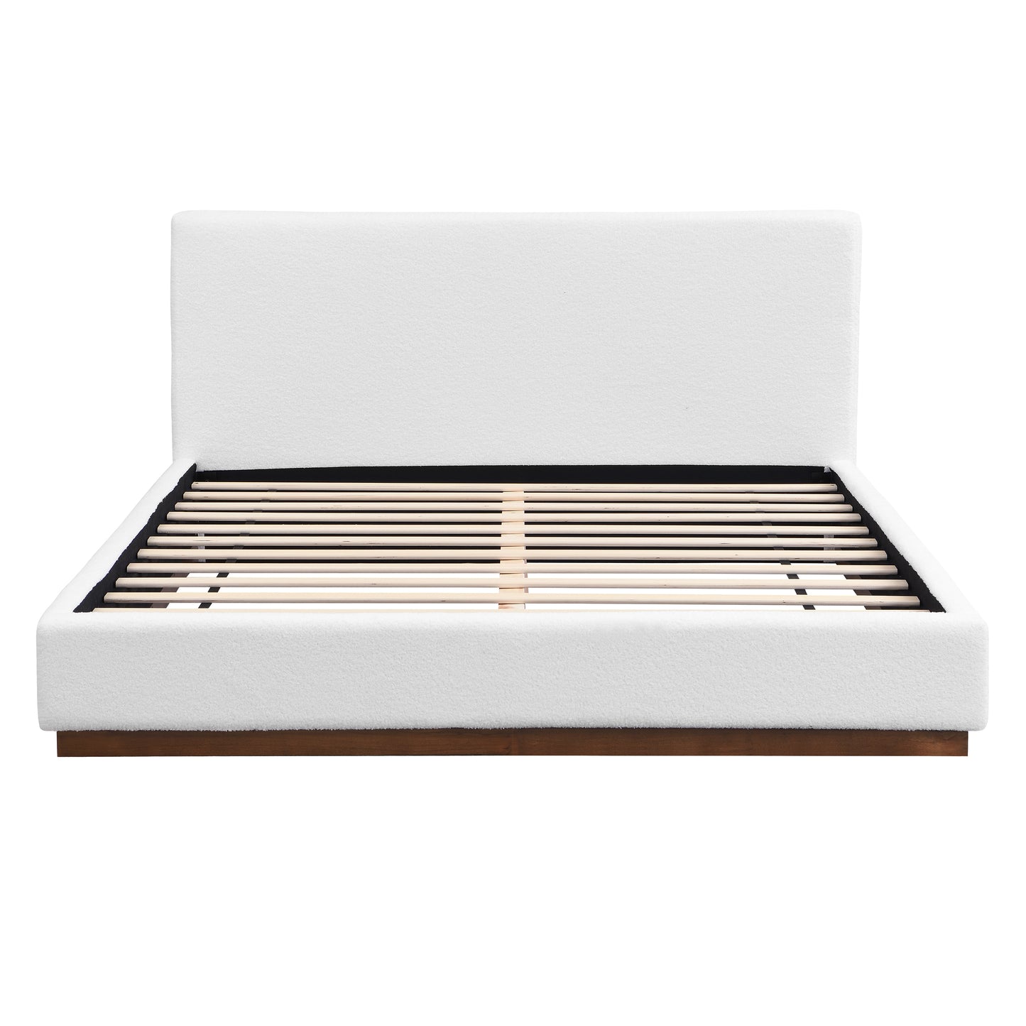Elegant White Fabric Upholstered Bed With Nice Wood Grain Textured Brown Solid Wood Base Frame,White,Queen image 4