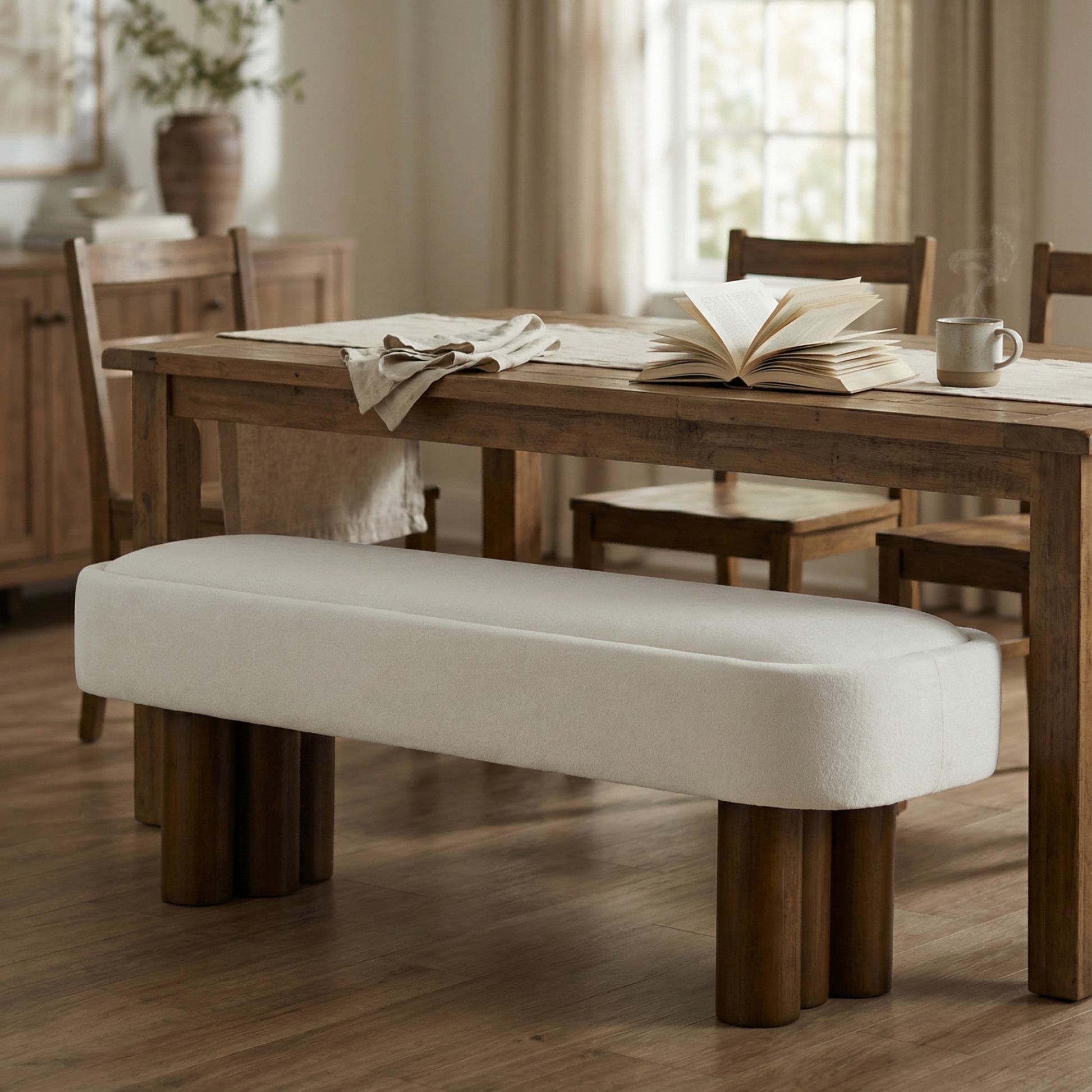 Indoor Beige Fabric Dining Bench with Walnut Color Legs, 51.57'L Upholstered Seating for Kitchen, Dining Room and Living Space,250lbs Capacity image 1