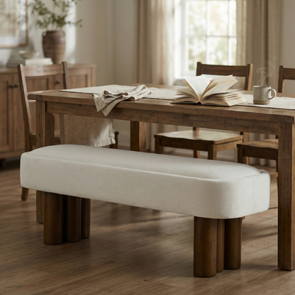 Indoor Beige Fabric Dining Bench with Walnut Color Legs, 51.57'L Upholstered Seating for Kitchen, Dining Room and Living Space,250lbs Capacity image 1