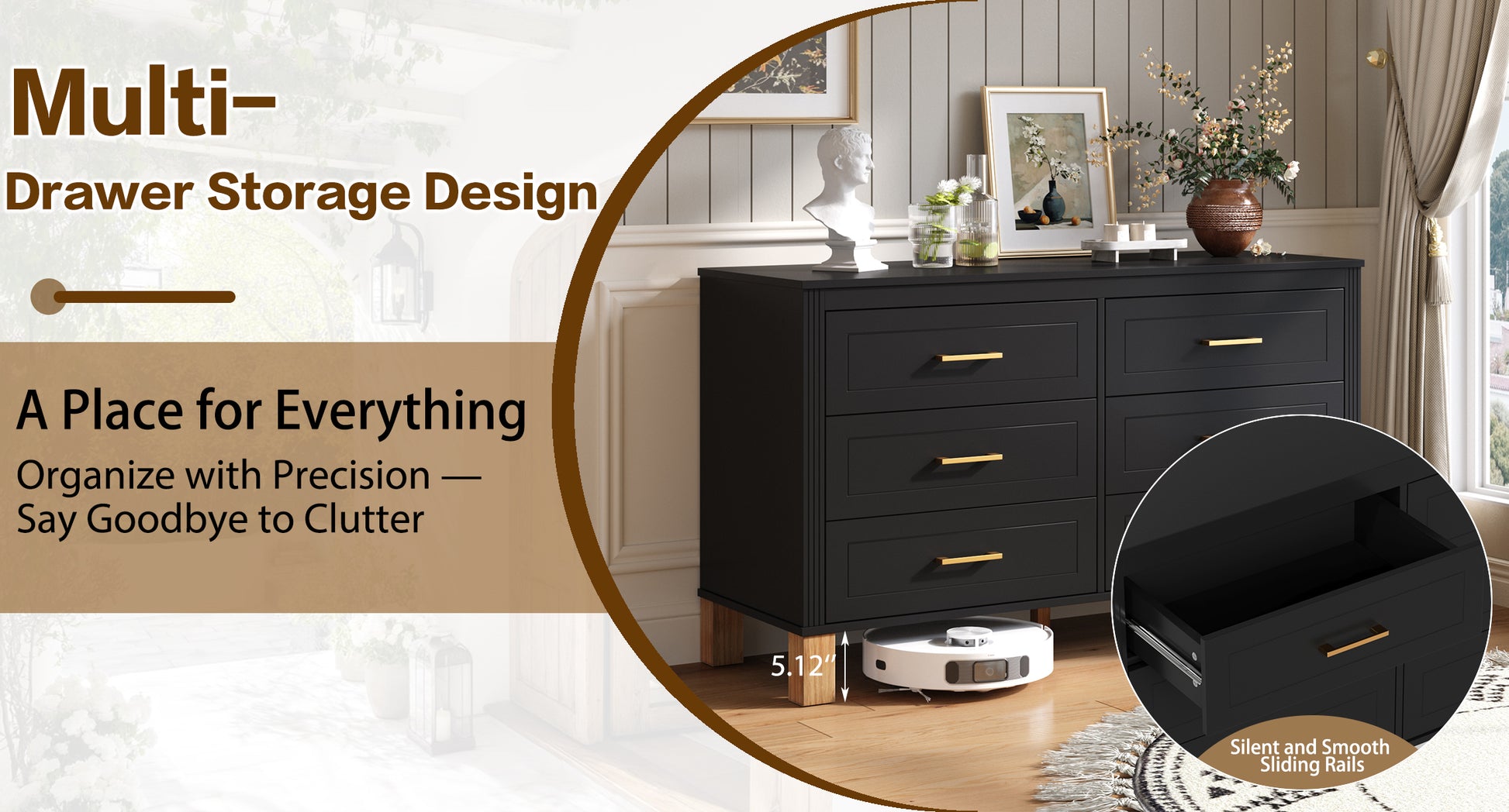 6-Drawer Double Dresser, Modern Storage Cabinet with Metal Handles & Solid Wood Legs, Dresser Drawer Organizer for Kids Bedroom, Heavy-Duty Wooden Dresser with Pre-Installed,Black image 6