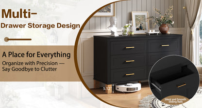 6-Drawer Double Dresser, Modern Storage Cabinet with Metal Handles & Solid Wood Legs, Dresser Drawer Organizer for Kids Bedroom, Heavy-Duty Wooden Dresser with Pre-Installed,Black image 6