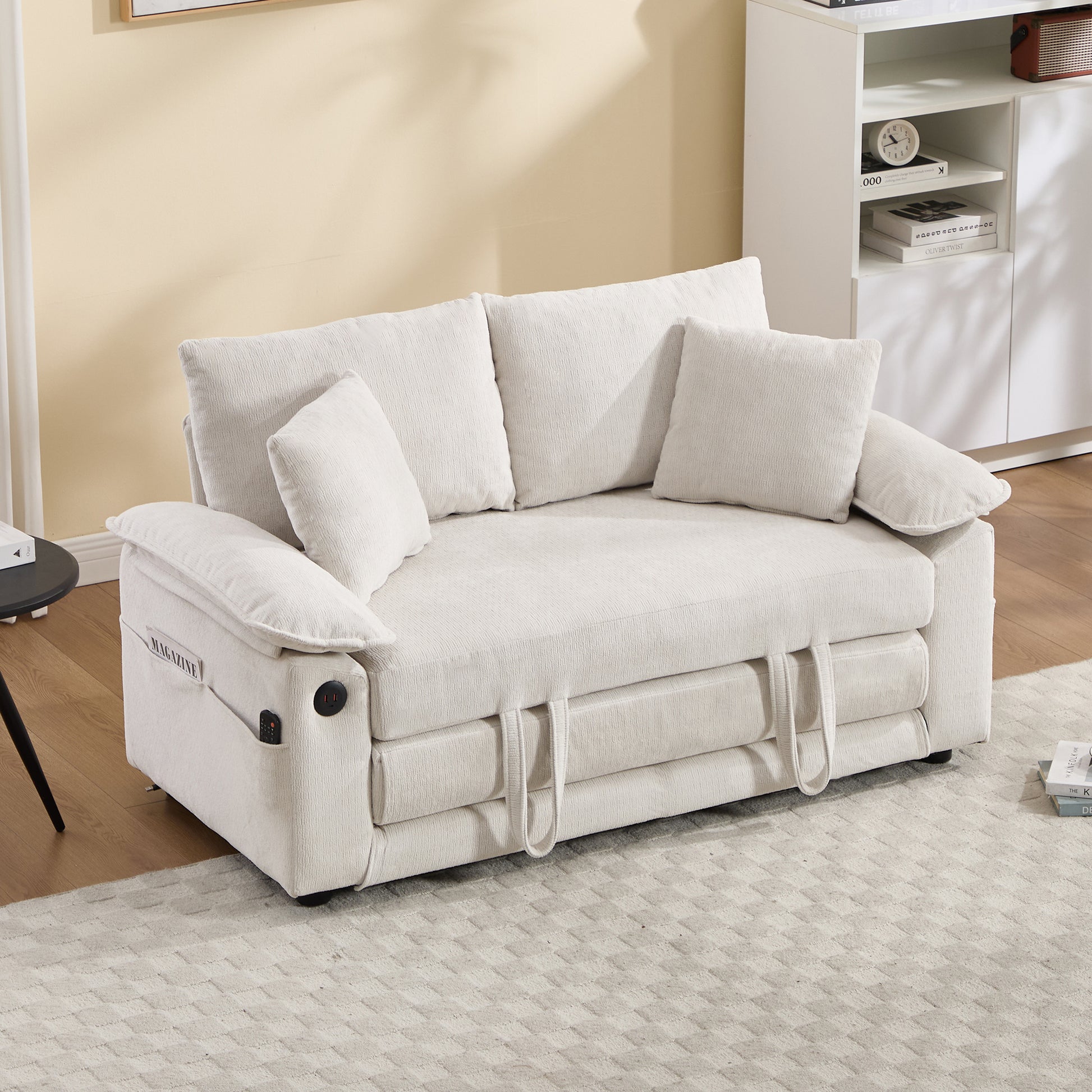 58 inch 3-in-1 Upholstered Futon Sofa Convertible Floor Sofa bed,Foldable Tufted Loveseat with Pull Out Sleeper Couch Bed,Folding Mattres Love Seat Daybed W/Side Pockets for Living Room White image 4