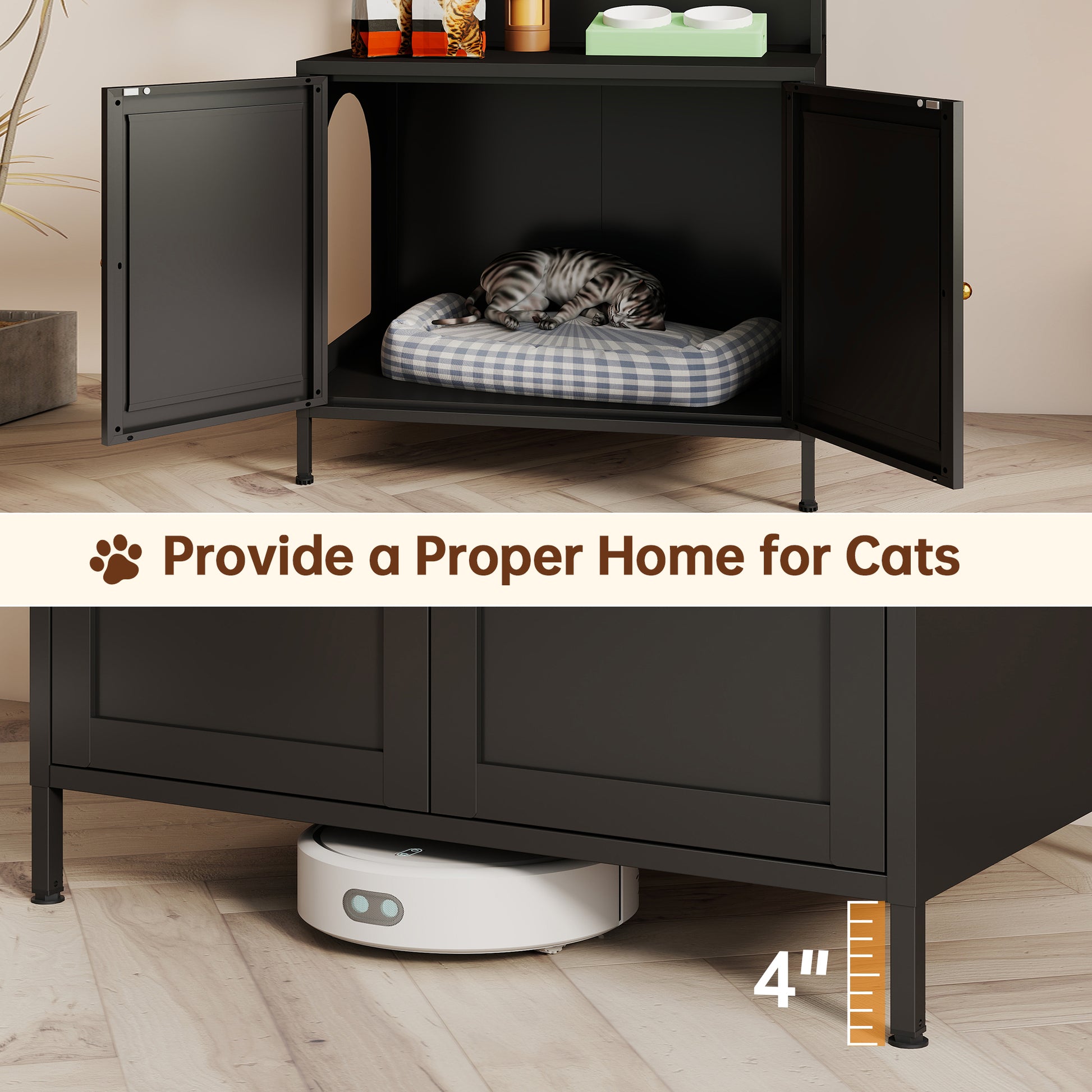 Metal Cat Litter Box Enclosure, 57" Tall Hidden Litter Box Cabinet with 3 Tier Storage Shelves, Large Indoor Cat House with Doors & 4 S-Hooks, Odor Control Pet Washroom Furniture for Large Cats, Black image 5