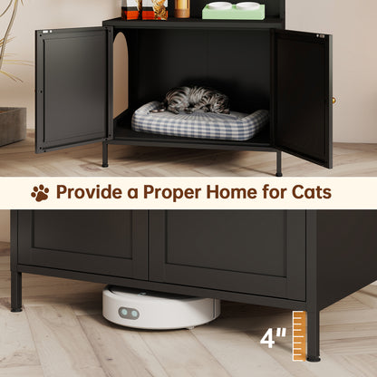 Metal Cat Litter Box Enclosure, 57" Tall Hidden Litter Box Cabinet with 3 Tier Storage Shelves, Large Indoor Cat House with Doors & 4 S-Hooks, Odor Control Pet Washroom Furniture for Large Cats, Black image 5