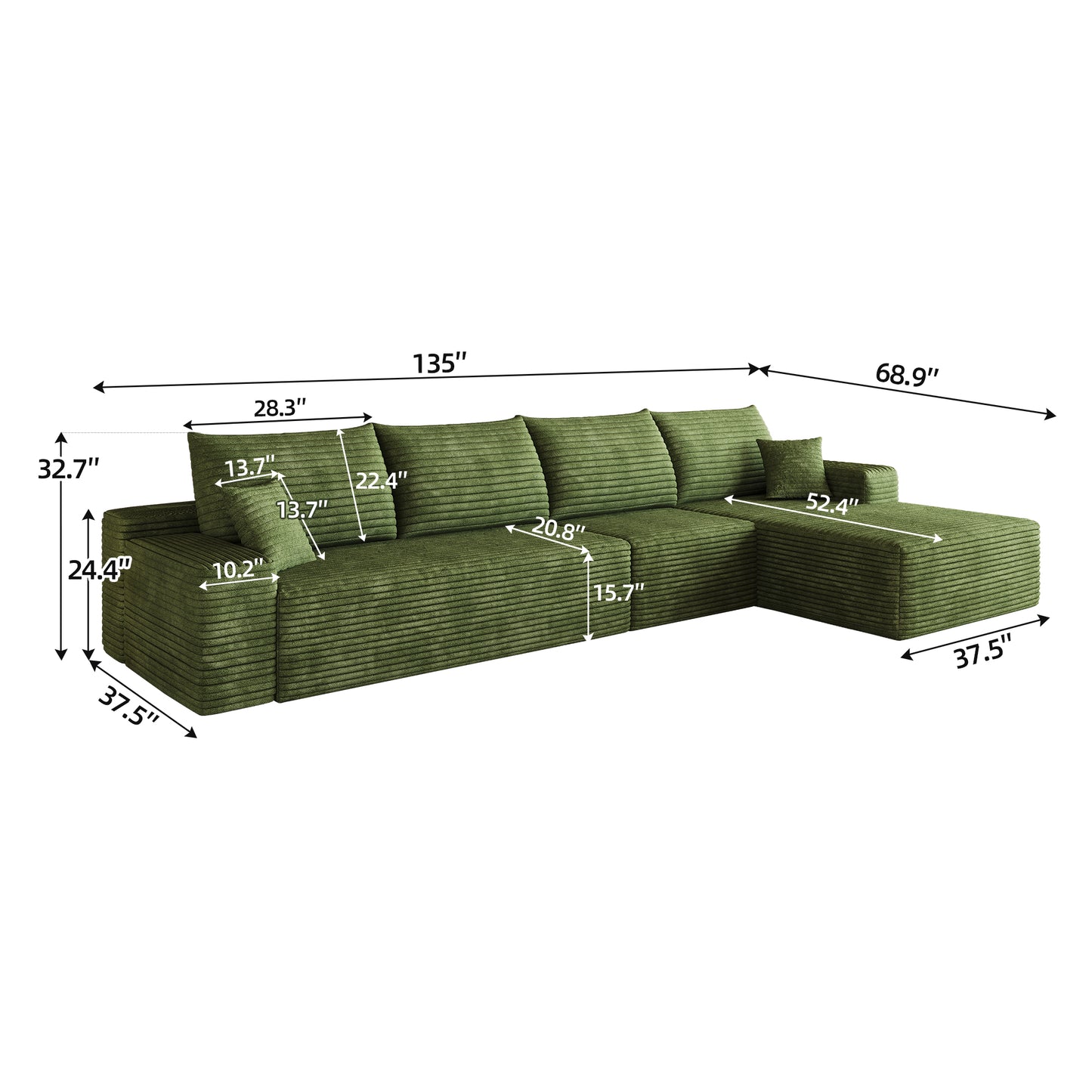 135" Cloud Sectional Couch with L-Shape Chaise,Modern Modular Sofa with Deep Seat, Upholstered Couches for Living Room Bedroom,No Assembly Required, (Plush Corduroy Fabric),Green image 5
