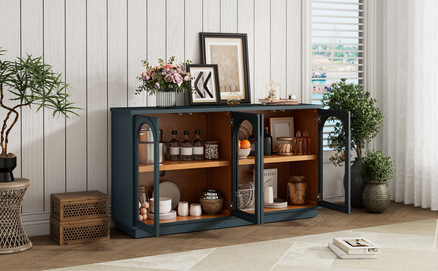 TREXM 4-Door Large Storage Buffet Cabinet with Glass Doors, Arched Cabinet with Adjustable Shelves for Kitchen, Dining Room and Living Room (Navy) image 7