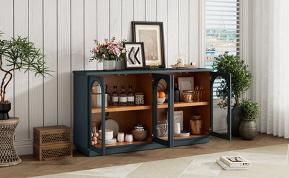 TREXM 4-Door Large Storage Buffet Cabinet with Glass Doors, Arched Cabinet with Adjustable Shelves for Kitchen, Dining Room and Living Room (Navy) image 7