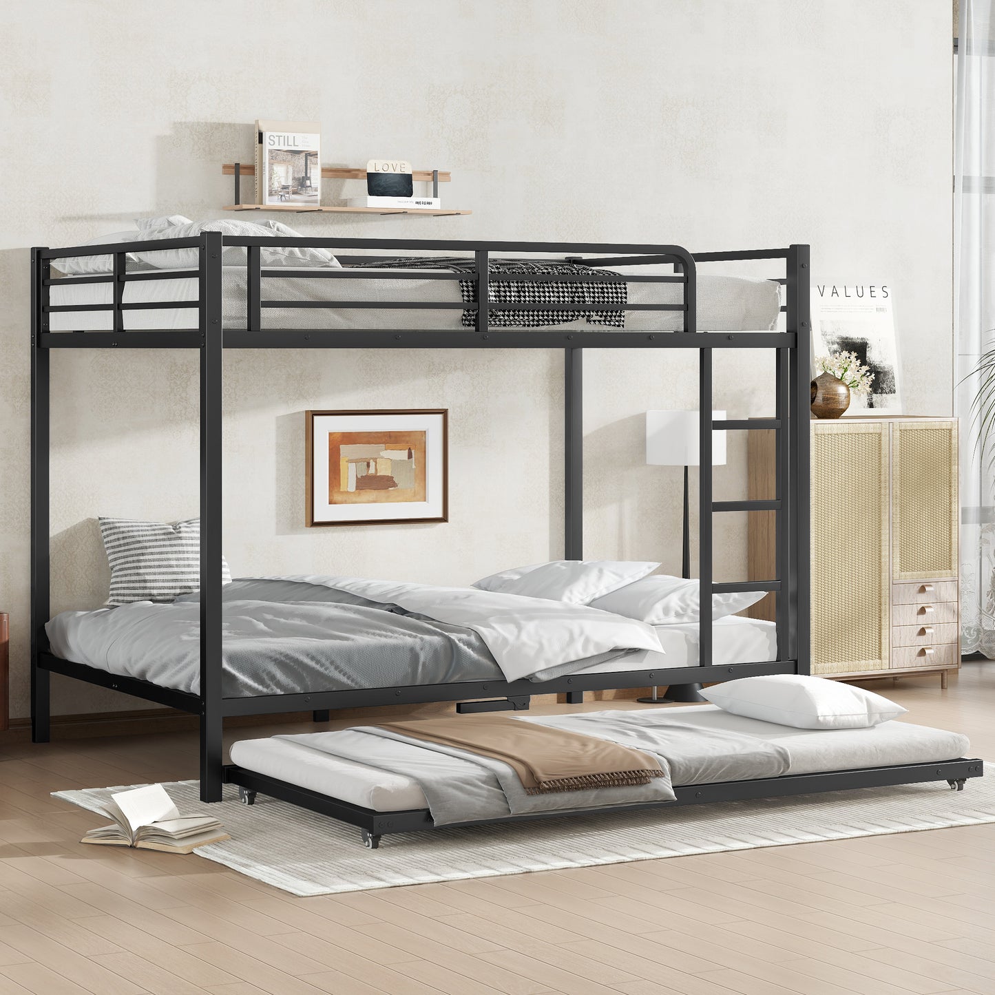 Full over Full Metal Bunk Bed with Twin Size Trundle, Black image 1