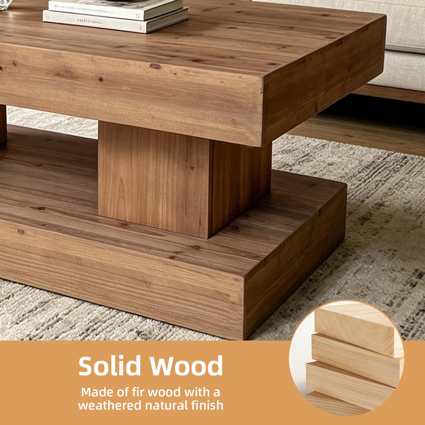 47.24"Natural solid wood coffee table with thick top and double pillar base. Classic rustic & minimalist style, sturdy and practical. image 6