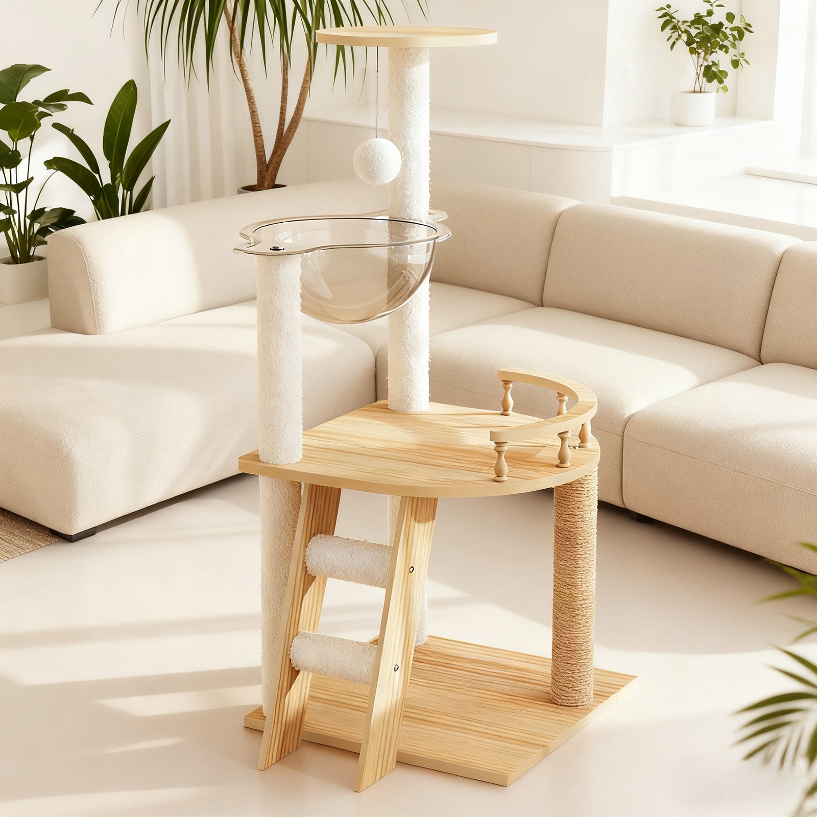 41.3" Modern Cat Tower, Wood Cat Tree Tower for Indoor Cats, Cat Treewith Sisal-Covered Scratching Posts and Top Perch, Cat Condo with Acrylic Hammock for Small Large Cats image 5