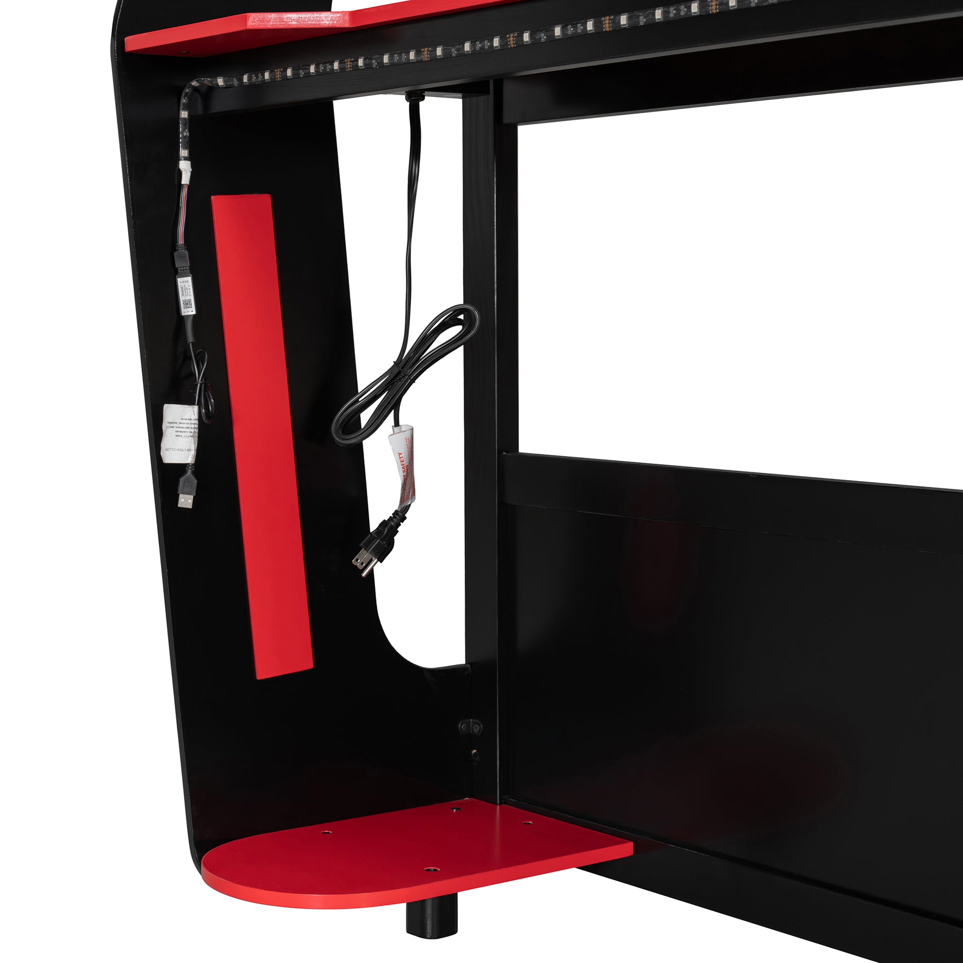 Full-Size Gaming Bunk Bed with Side-Mounted Oversized RGB Desk, USB Charging Ports & Cable Grommet, LED Light Strip, Heavy-Duty Esports Loft Frame – Cool Design-Red image 11