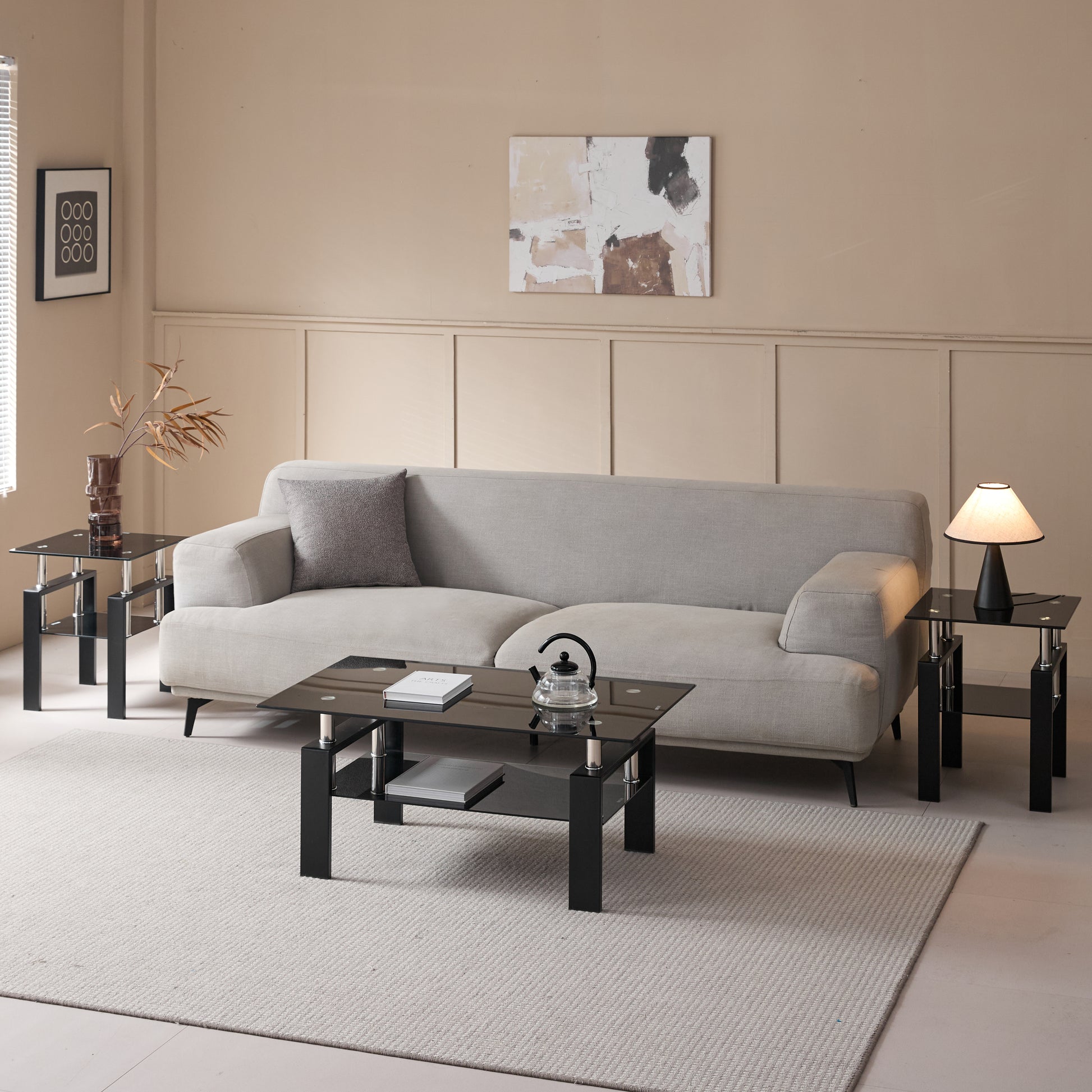 Tempered Black Glass Coffee Table, 2-Layers Tea Table image 5