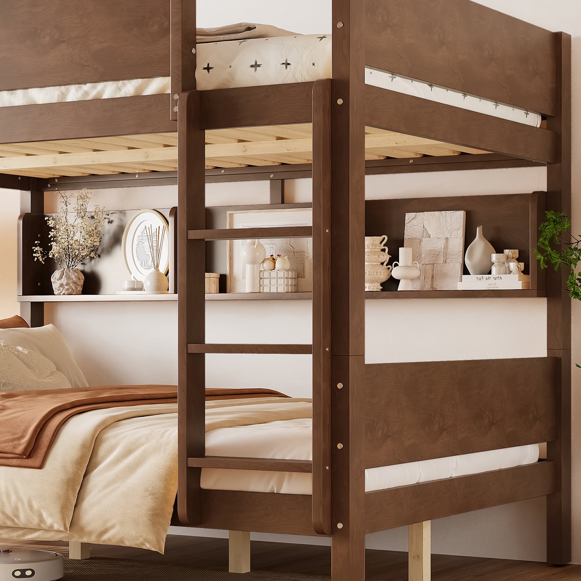 Queen over Queen Bunk Bed with Convenient Tray, Solid Wood Bunk Bed with Storage Shelves and Upgraded Slats,Vintage Brown image 6