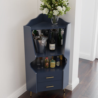 Wooden Corner bar cabinet with 2 open storage shelves and 2 drawers, mirrored back sideboard cabinet, high feet/legs for easy cleaning, buffet cabinet BLUE image 2
