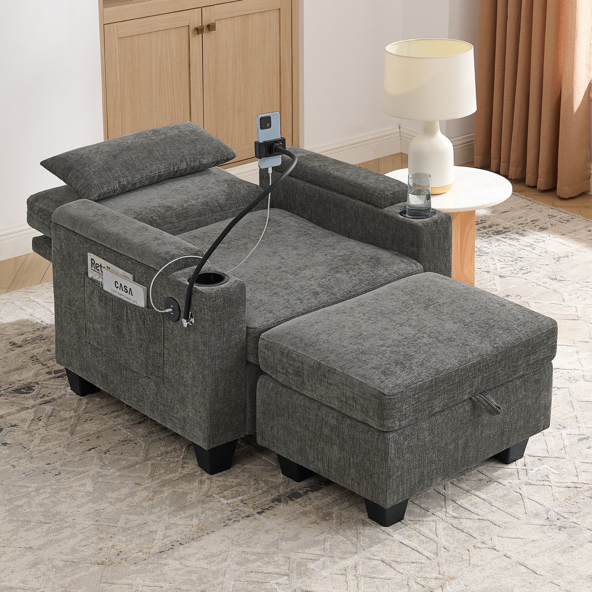 Single sofa recliner with manually adjustable backrest, USB charging port on the armrest side, phone stand included, hidden armrest storage, and a matching storage ottoman-Gray image 3