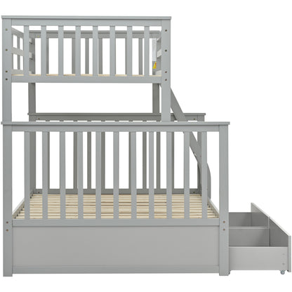 Twin Over Full Bunk Bed with Storage Drawers, Wooden Bunk Bed with Ladder and Safety Guard Rails –Gray image 7