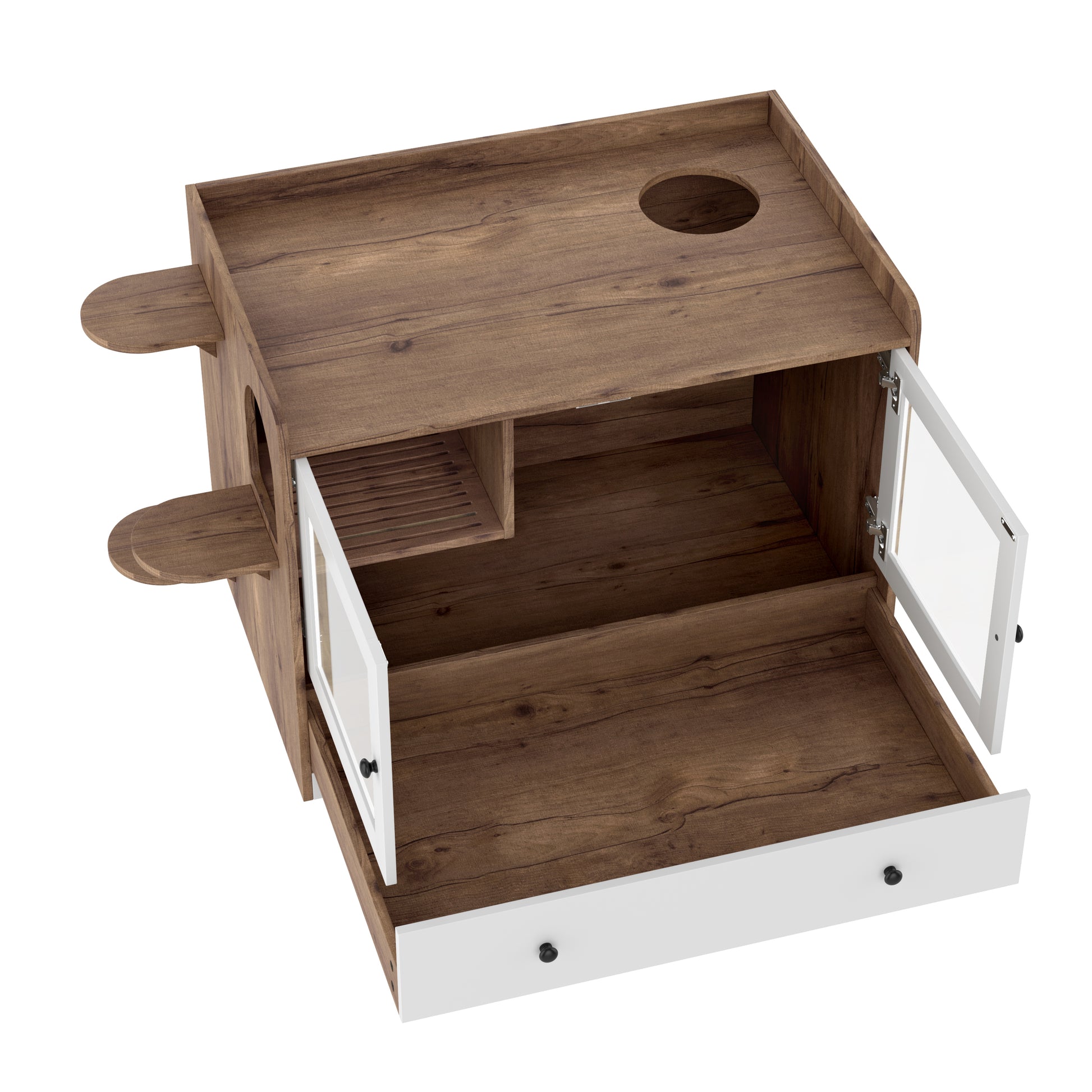 Cat Litter Box Enclosure, Hidden Cat Litter Box Furniture with Drawer and Stairs, Wooden Cat House Washroom for Bedroom,Cat Cabinet Side Table for Living Room, Brown and White image 11