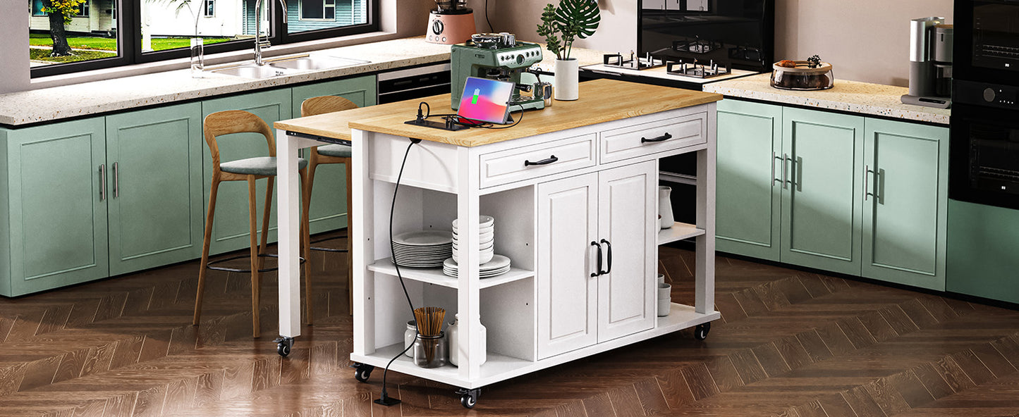 K&K 47 inch Kitchen Island with Extendable Dining Table, Rubber Wood Veneer Kitchen Table with Internal Storage Rack, Power Outlet, Kitchen island with Storage 2 Drawers 2 Cabinet,White image 2