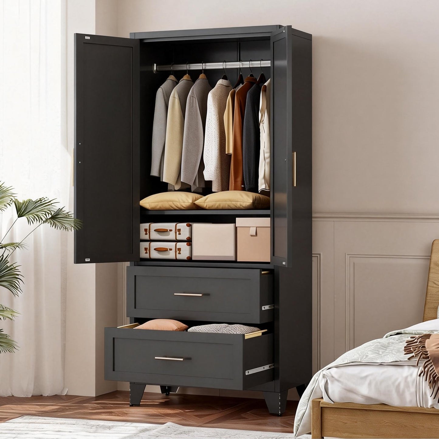 71" Tall Metal Wardrobe Cabinet with 2 Drawers and Hanging Rod, 2 Doors Wardrobe Closet with Shelf for Bedroom, Office, Laundry Room,Entryway,Foyer,Guesthouse (Black) image 10
