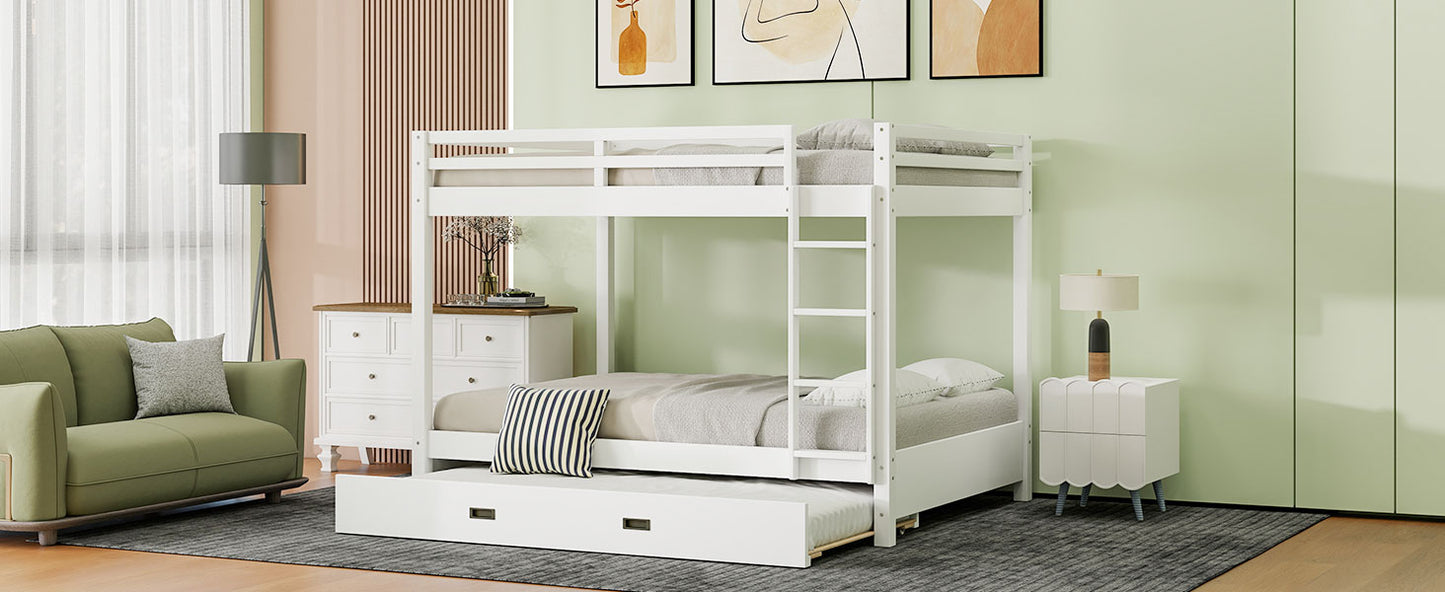 Wood Queen Size Bunk Bed with Ladder and Trundle, White image 7