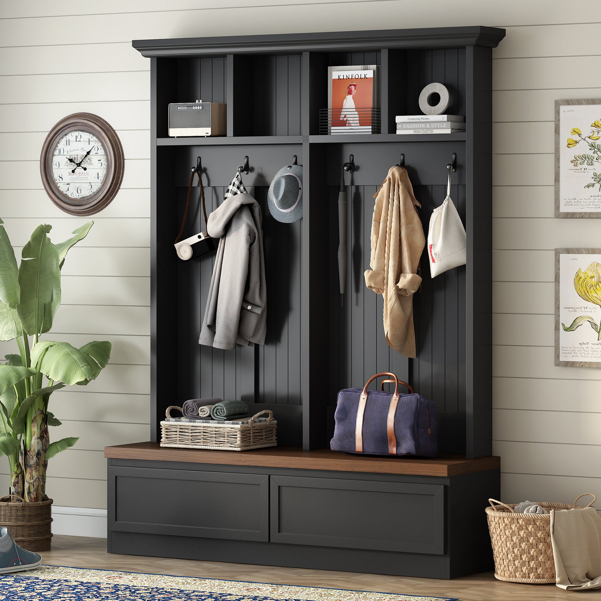 Farmhouse 4-in-1 Hall Tree with Wood Grain Bench, Mudroom Versatile Coat Rack with 2 Large Drawer, Entrance Organizer for Hallway, Living Room, Black, 55.9"W (OLD SKU: N721P313099B) image 2