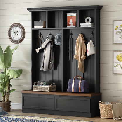 Farmhouse 4-in-1 Hall Tree with Wood Grain Bench, Mudroom Versatile Coat Rack with 2 Large Drawer, Entrance Organizer for Hallway, Living Room, Black, 55.9"W (OLD SKU: N721P313099B) image 2